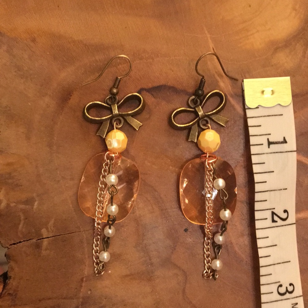 Champagne Peach + Pearl Tassel Bow Boho Statement Earrings - Picture 4 of 6